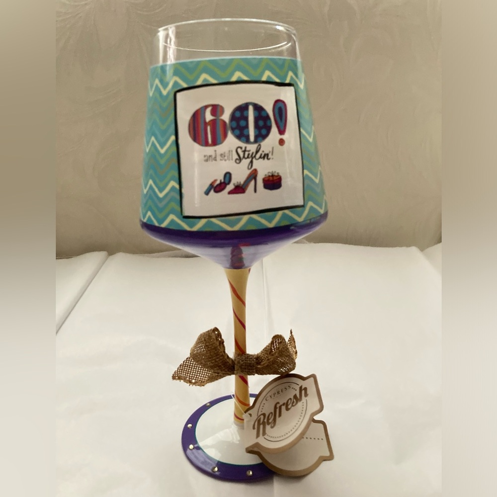 NWT 60 & still Stylin’! Birthday Wine Glass Turq, green, purple, yellow & red